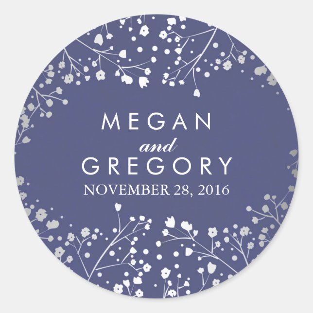 Foil Gipskraut Navy und Silver Wedding Runder Aufkleber (Vorderseite)