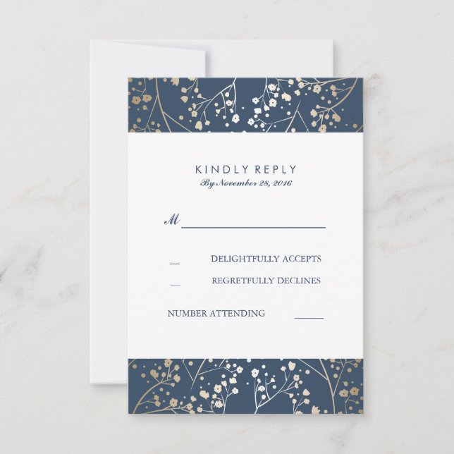 Foil Gipskraut Navy Wedding RSVP Cards (Vorderseite)