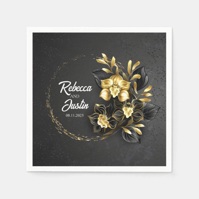 Foil Gold Black Orchids Modern Boho Serviette (Vorderseite)