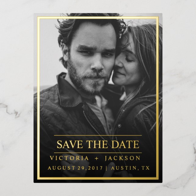 Foil GOLD ELEGANT FRAME FOTO SAVE THE DATE Folie Einladungspostkarte (Vorderseite)