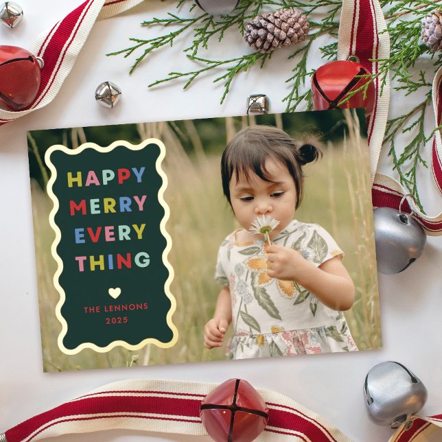 Foil Green Happy Merry Wavy Christmas Photo Card Folieneinladung (Von Creator hochgeladen)