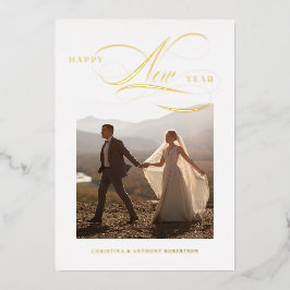Foil Happy New Year Script Holiday Foto Card Folien Feiertagskarte