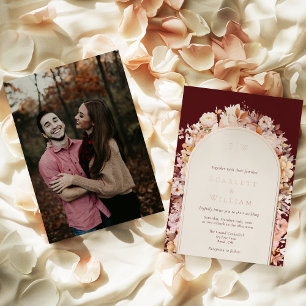 FOIL Herbst-Blumen-Bordüre Monogramm-Foto-Hochzeit Folieneinladung