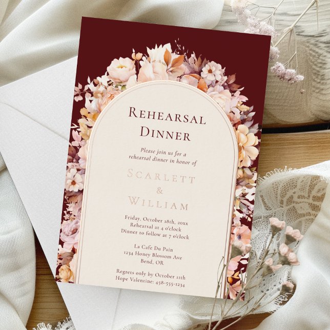 FOIL Herbst Burgund Arch Hochzeit Probe Abendessen Folieneinladung (Von Creator hochgeladen)