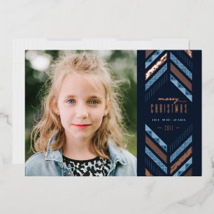 Foil Herringbone Band Holiday Foto Card - Blau Folieneinladung