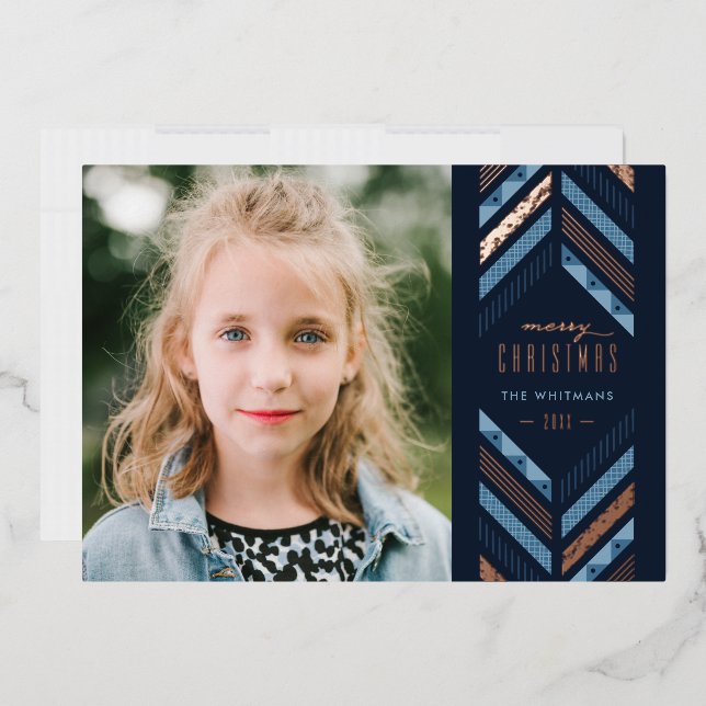 Foil Herringbone Band Holiday Foto Card - Blau Folieneinladung (Briefumschlag)