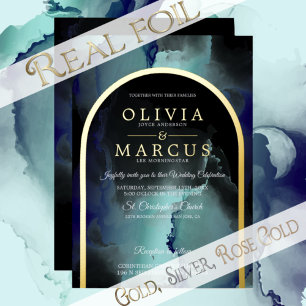 Foil Jade und Navy Blue Modern Fluid Ink Folieneinladung