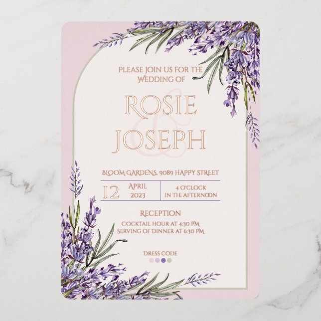 Foil Lavender Wedding Einladung (Vorderseite)