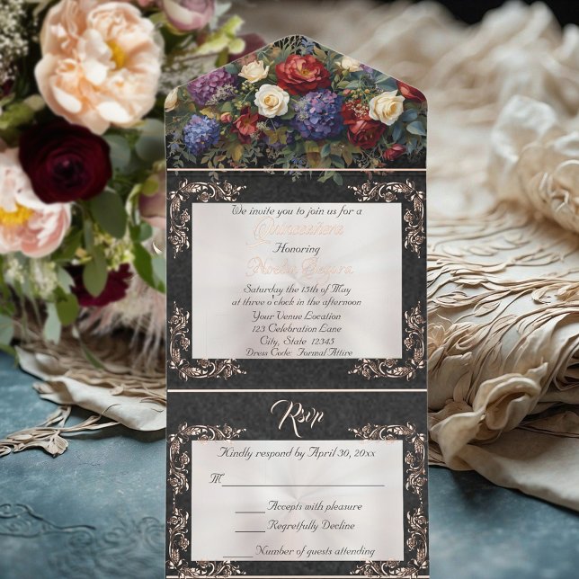 Foil Leaf Frame Quinceanera - Pearl/Floral Bouquet All-in-One-Einladung (Von Creator hochgeladen)