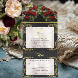 Foil Leaf Frame Quinceanera - Pearl/Rose Bouquet All-in-One-Einladung