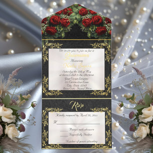 Foil Leaf Rahmen Quinceanera - Perlen/Rosa Bouquet All-in-One-Einladung