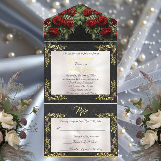 Foil Leaf Rahmen Quinceanera - Perlen/Rosa Bouquet All-in-One-Einladung