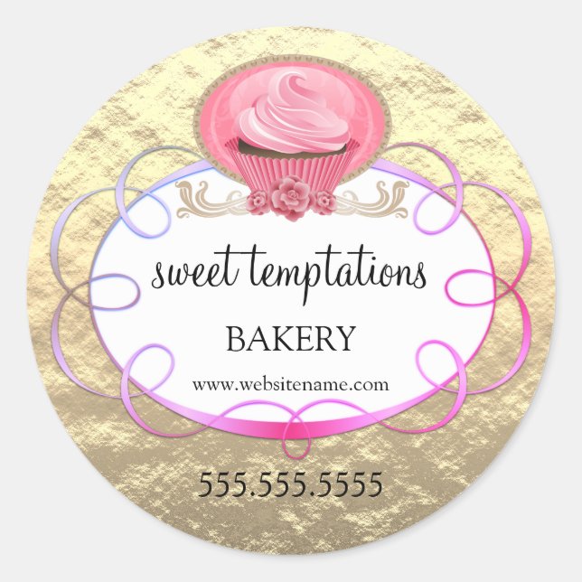 Foil Look Elegante Pink Cupcake Bäckerei Verpackun Runder Aufkleber (Vorderseite)