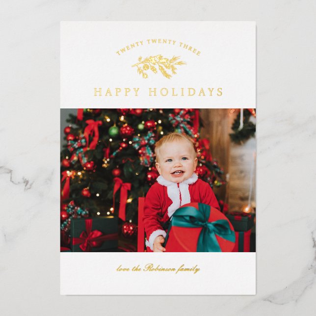 Foil Luxe Pine Bough Foto Holiday Card Folien Feiertagskarte (Vorderseite)