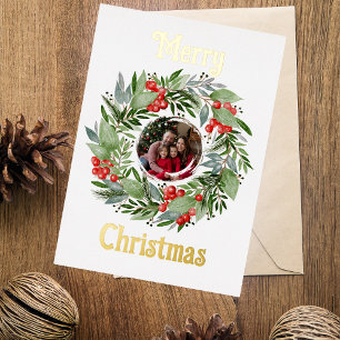 Foil Merry Christmas Card Foto in Wreath Gold Folien Feiertagskarte