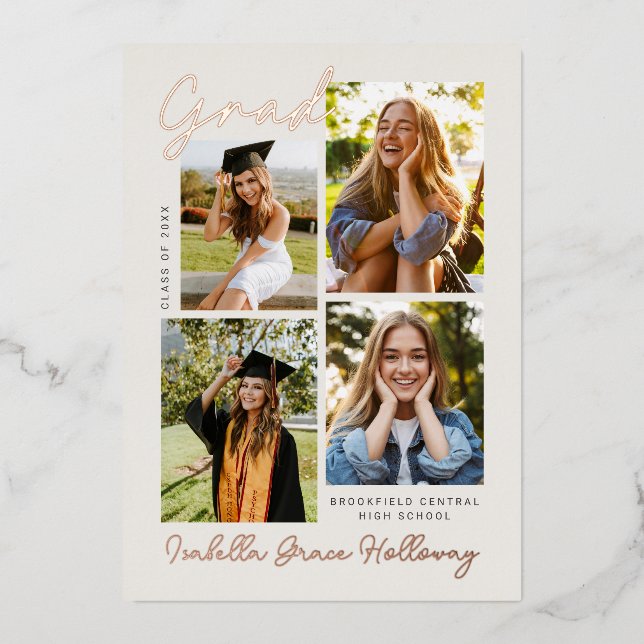 Foil Modern Grad Announcement Multiple Photos Folieneinladung (Vorderseite)