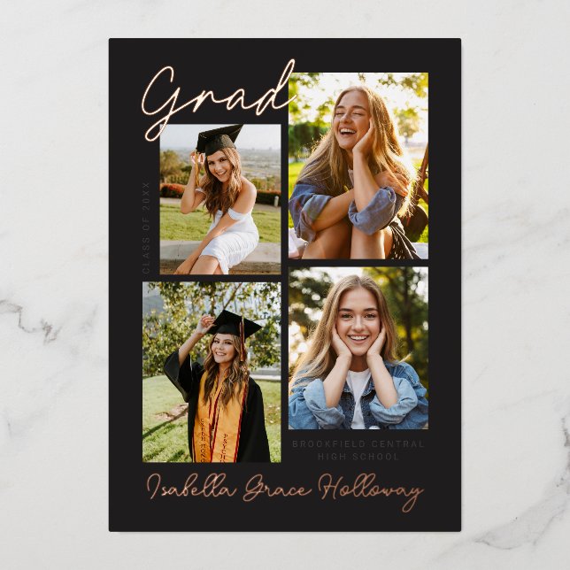 Foil Modern Grad Announcement Multiple Photos Folieneinladung (Vorderseite)