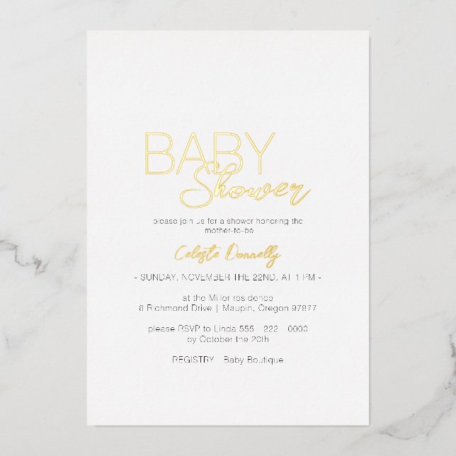 FOIL Moderne Minimalistische White Baby Dusche Folieneinladung (Vorderseite)
