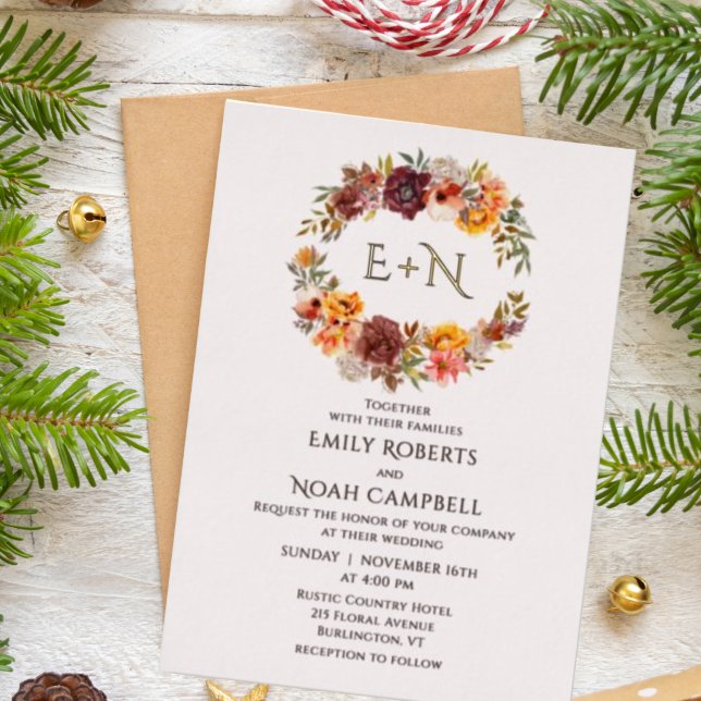 Foil Monogram Autumn Rustic Plum Floral Wedding Folieneinladung (Von Creator hochgeladen)