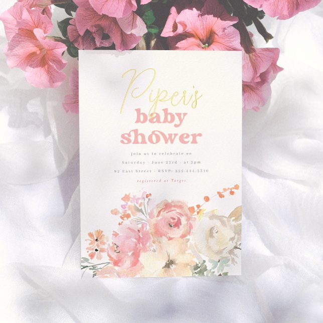 Foil Retro Floral Girl Baby Shower Folieneinladung (Von Creator hochgeladen)