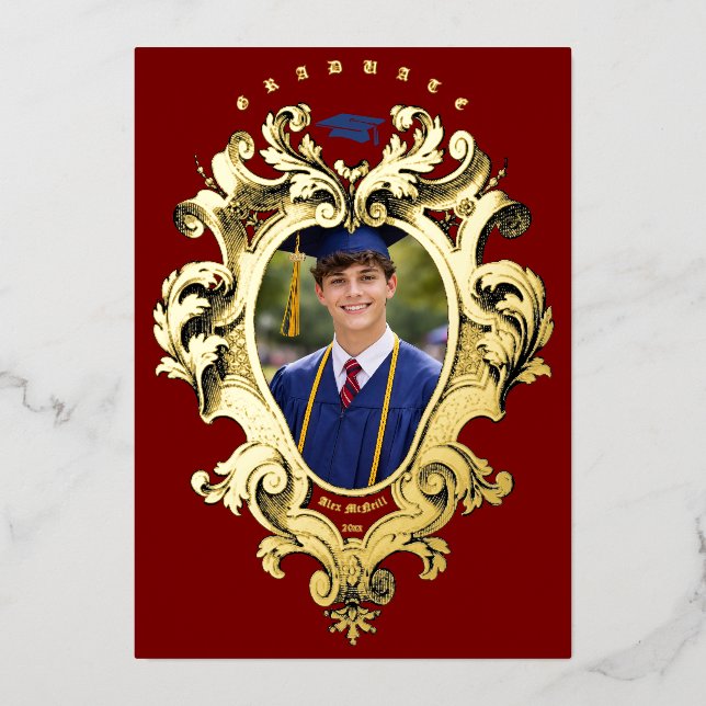 Foil Rococo Cartouche Photo Template Graduation Folieneinladung (Vorderseite)