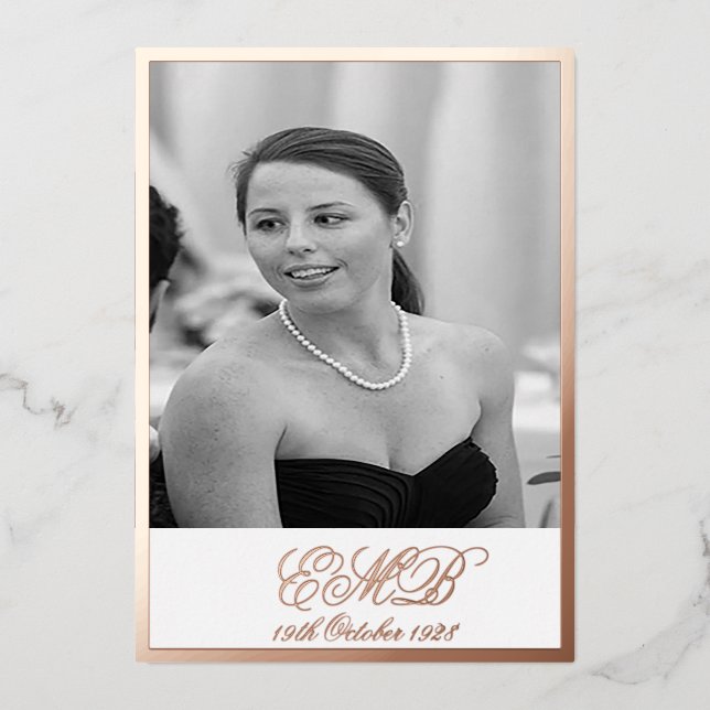 Foil Rose Gold 90. Geburtstag Elegantes Foto Folieneinladung (Vorderseite)