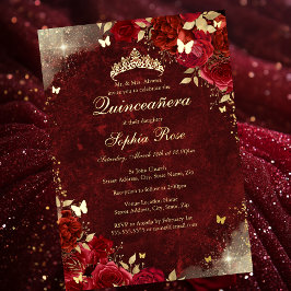 Foil Royal Red Gold Butterfly Floral Quinceanera Folieneinladung