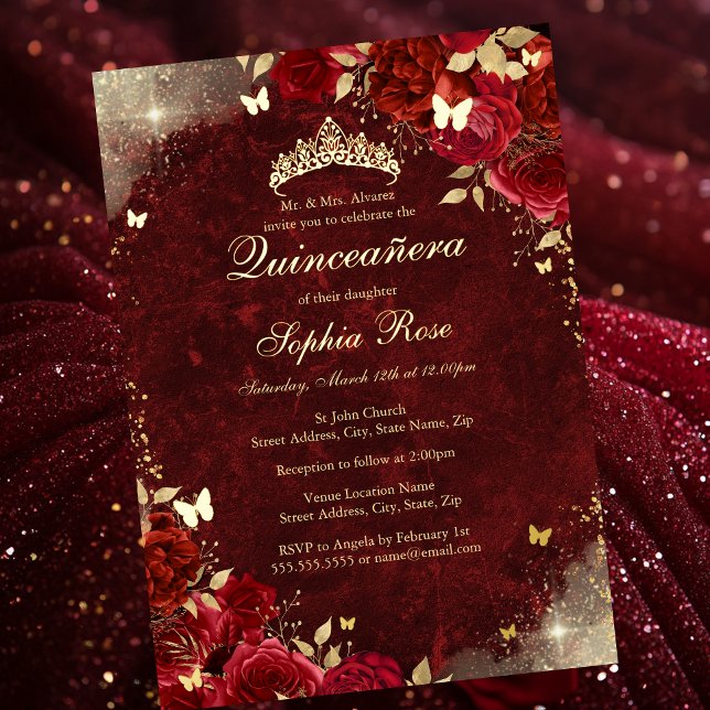 Foil Royal Red Gold Butterfly Floral Quinceanera Folieneinladung (Von Creator hochgeladen)