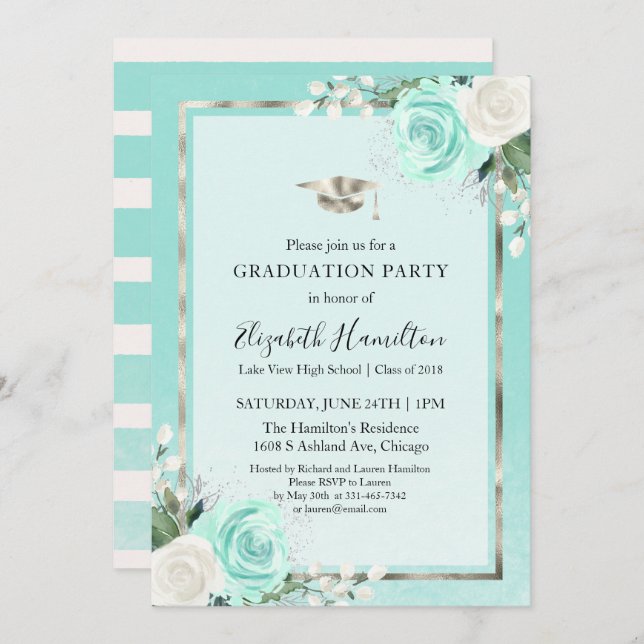 Foil Silver & Aquamarin Modern Floral Graduation P Einladung (Vorne/Hinten)