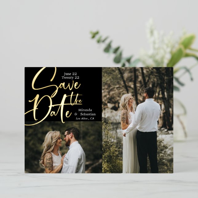 Foil Typografy 2 Foto Save the Date Folieneinladung (Stehend vorne)