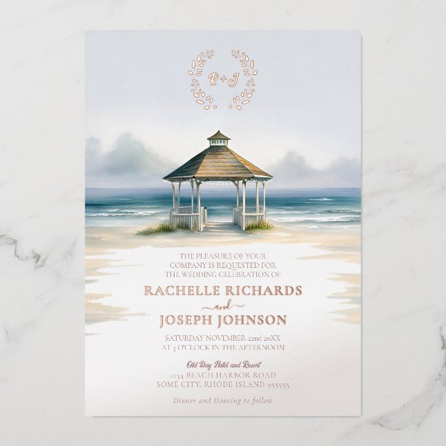 Foiled Watercolor Beach Gazebo Hochzeitseinladung Folieneinladung (Vorderseite)