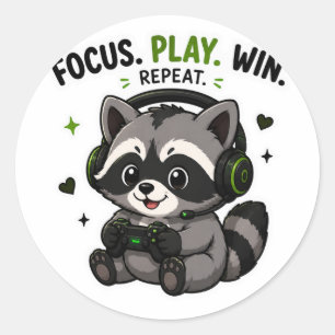 FOKUS SPIELEN GEWINN WIEDERHOLEN GAMER WASCHBÄR-AU RUNDER AUFKLEBER