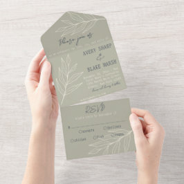 Folage Leaf Line Art Sage, Cream & Navy Boho All In One Einladung