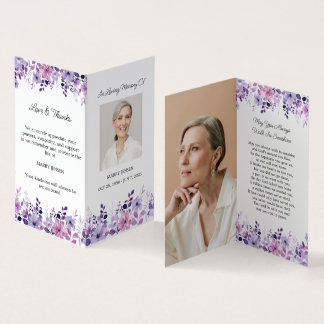 Folded Purple Flower Photo Funeral Prayer Card Visitenkarten
