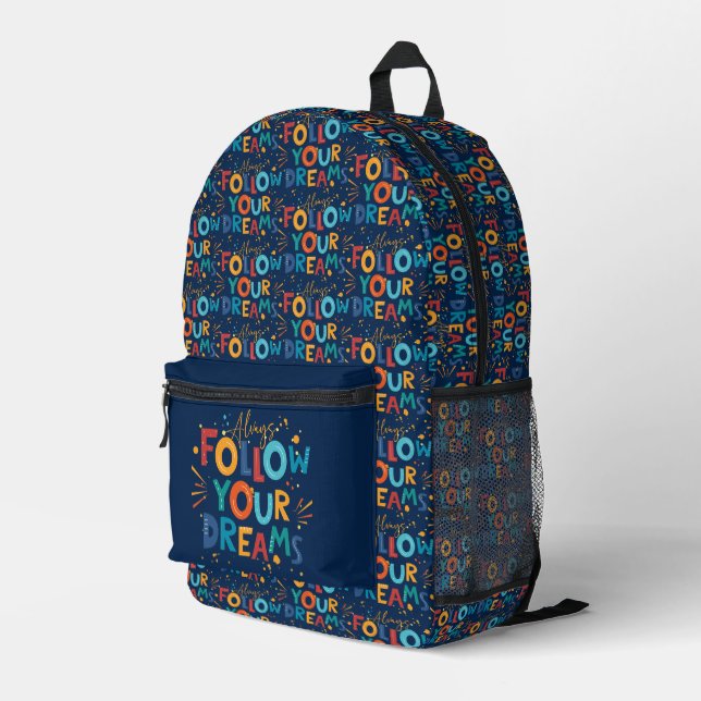 Folgen Sie Ihren Träumen Farbige lustige Typografi Bedruckter Rucksack (Rückseitige Ecke Rechts)
