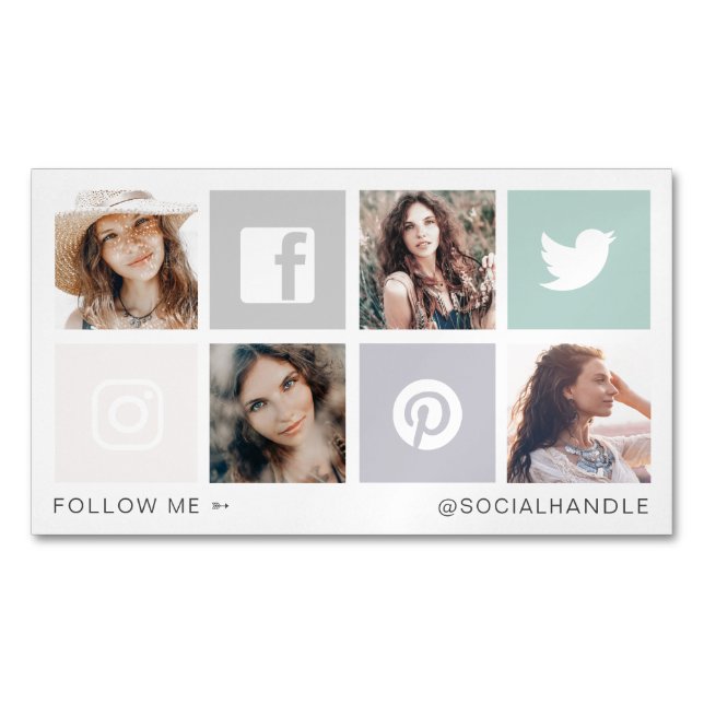Folgen Sie Me Social Media Square Grid-FotoCollage Magnetische Visitenkarte (Vorderseite)