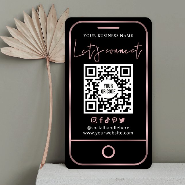 Folgen Sie mir Social Media Black & Rose Gold QR Visitenkarte (Von Creator hochgeladen)