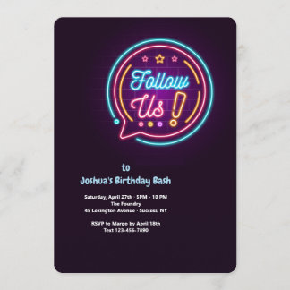 Folgen Sie uns Neon Birthday Party Einladung
