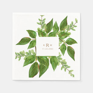 Foliage-Blätter Gold Monogram-Hochzeitcocktail Serviette
