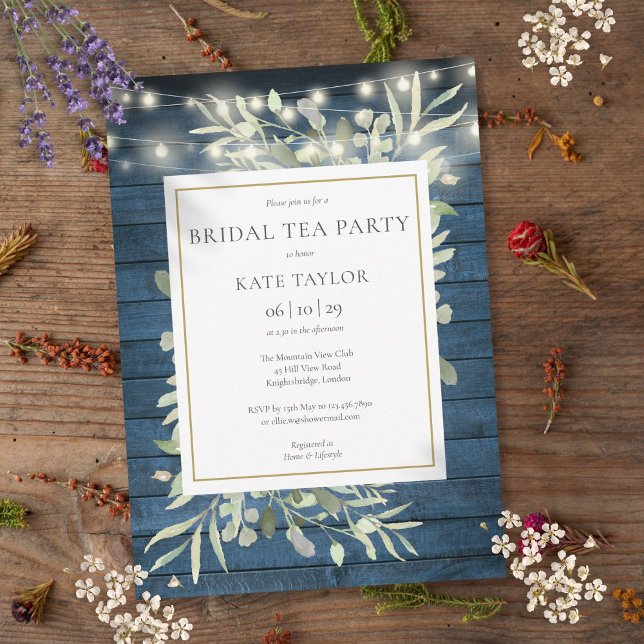 Foliage Blue Rustic String Lights Bridal Tee Party Einladung (Foliage Blue Rustic String Lights Bridal Tea Party Invitation)