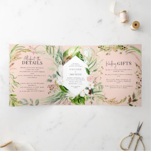 Foliage + Blumenhochzeit und Einzelheiten Dreifach Gefaltete Einladung