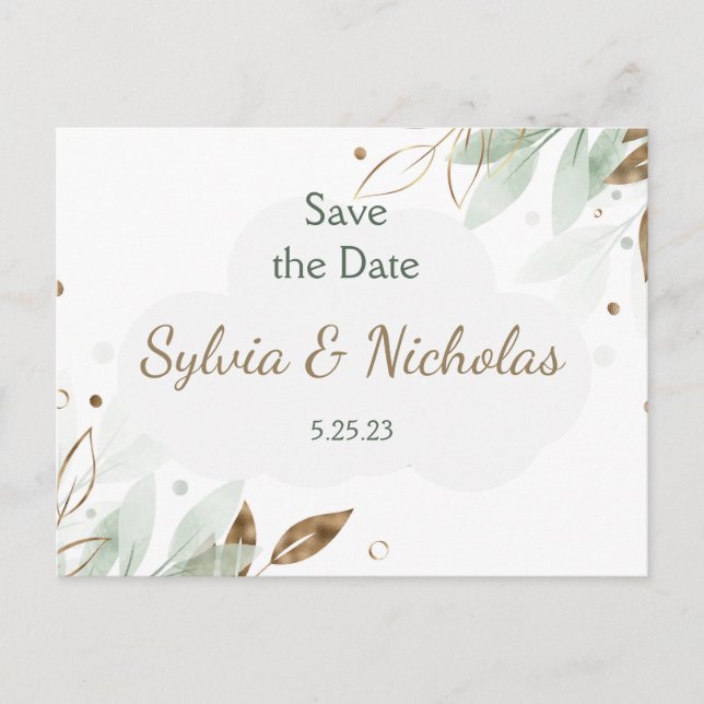 Foliage Botanisches Gold Aquamarin Save the Dates Ankündigungspostkarte (Vorderseite)