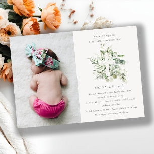 Foliage Cross First Heilige Kommunion Foto Einladu Dankeskarte