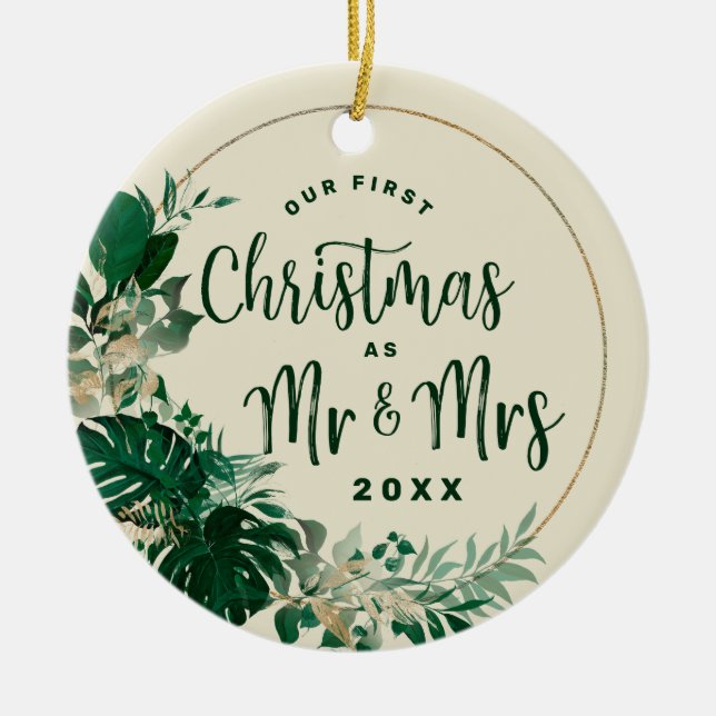 Foliage Erste Weihnachten als Mr. & Mrs. Newlywed  Keramik Ornament (Vorne)
