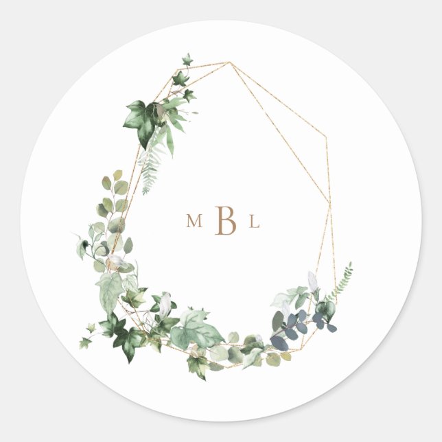 Foliage & Gold Monogram White-Elegant-Hochzeit Runder Aufkleber (Vorderseite)