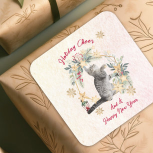 Foliage Gold Snowflakes Spaß Katze Neujahr Weihnac Quadratischer Aufkleber