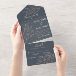 Foliage Leaf Line Art Holzkohle, Creme & Pink Boho All In One Einladung