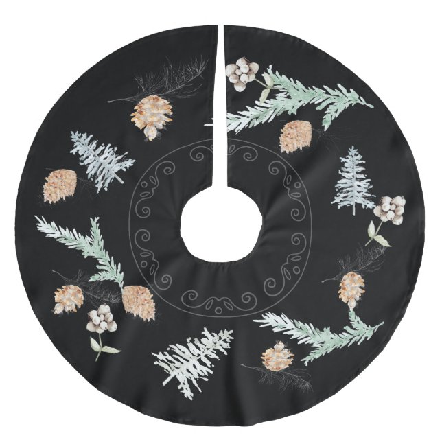 Foliage & Pine Cone Black Tree Skirt Polyester Weihnachtsbaumdecke (Vorderseite)