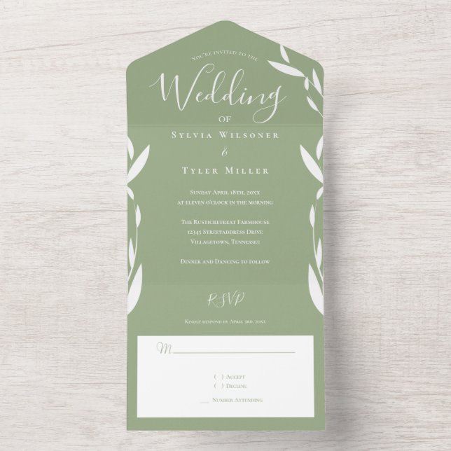 Foliage Sage Green White Wedding All In One Einladung (Innen)