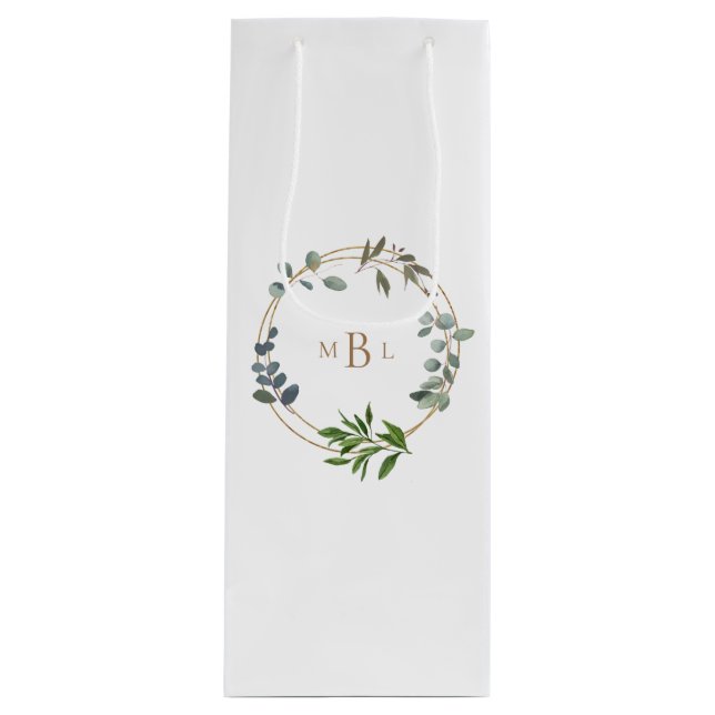 Foliage und Gold Monogram White Elegant II Hochzei Geschenktüte Für Weinflaschen (Vorderseite)